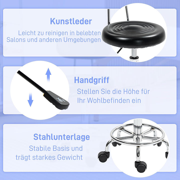 HOMCOM Rollhocker höhenverstellbar Drehhocker Drehbar Salon Hocker mit Lehne, Rädern, Arbeitshocker