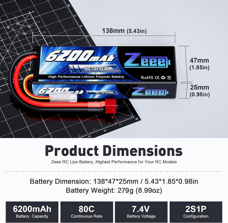 Zeee 2S Lipo Akku 7,4V 80C 6200mAh mit Deans Steck Hardcase RC Batterie für RC Auto RC Flugzeug RC H