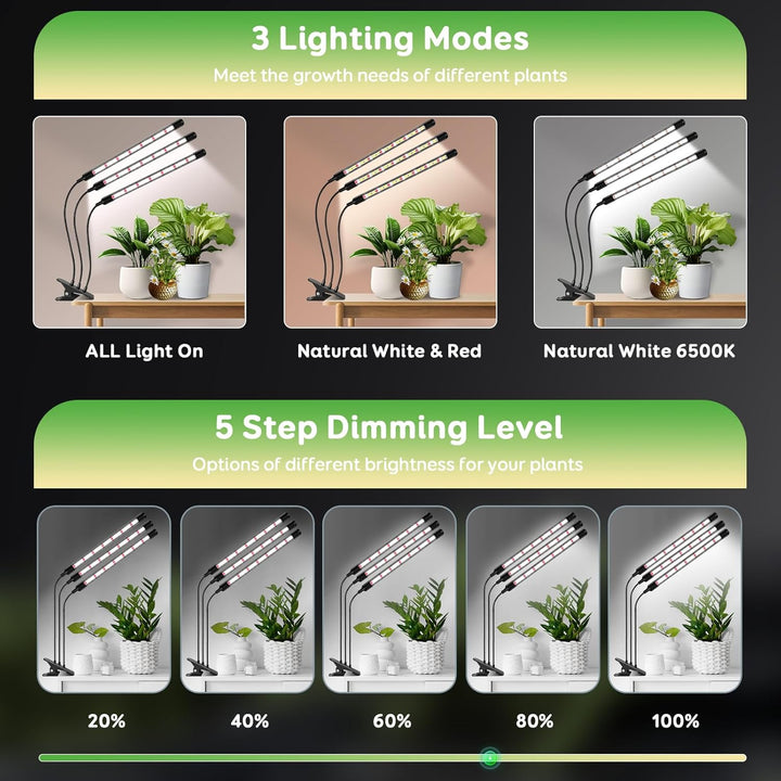 1Pack 3Köpfe Pflanzenlampe LED, Pflanzenlicht Vollspektrum, Pflanzenleuchte mit Zeitschaltuhr, 3 Far