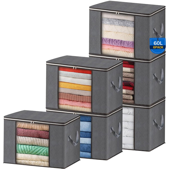 AIOR 6 Stück 60L Gross Aufbewahrungstasche, Faltbare Unterbett Kleideraufbewahrung Schrank Organizer
