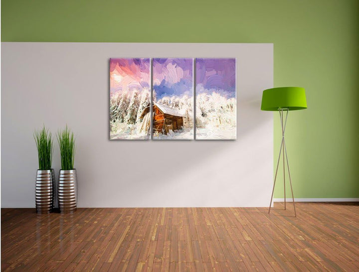 Pixxprint Holzhütte im Schnee als Leinwandbild/Grösse: 3 Teilig (120x80) cm/Wandbild/Kunstdruck/fert