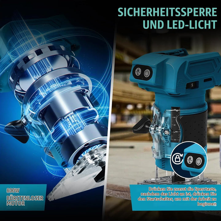 Akku Oberfräse kompatibel mit Makita 18V Akku, 800W Bürstenloser Kantenfräser Set mit 5 Geschwindigk