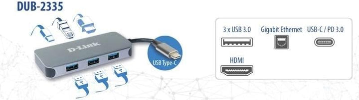 D-Link DUB-2335 6-in-1 USB-C Hub mit Power Delivery (PD 60W, 4K HDMI, Gigabit Ethernet, 3 x USB 3.0