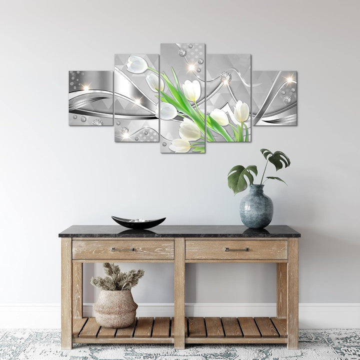 Runa Art Wandbilder Blumen Tulpen 5 Teilig Bild auf Vlies Leinwand Deko Wohnzimmer Diamant Grau Grün