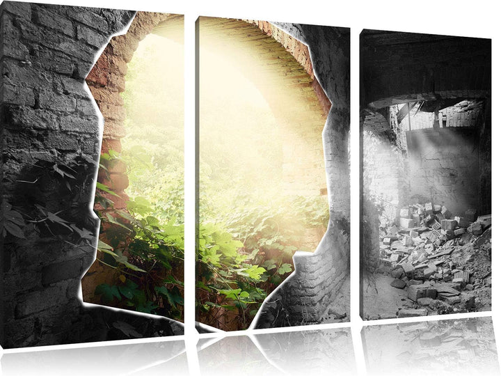 erleuchtete Ruine schwarz/weiss 3-Teiler Leinwandbild 120x80 Bild auf Leinwand, XXL riesige Bilder f