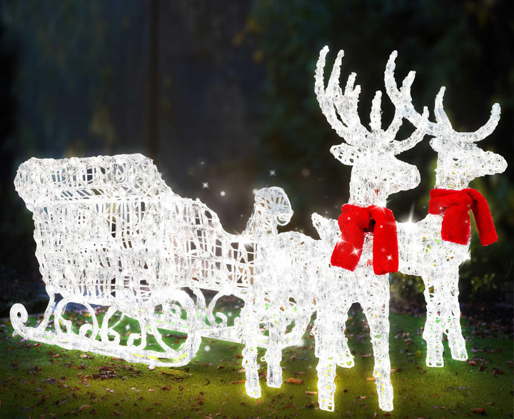 KESSER® 240er LED Rentiere mit Schlitten weiss Timer Inkl. 2X Dekoschal Weihnachtsbeleuchtung für au