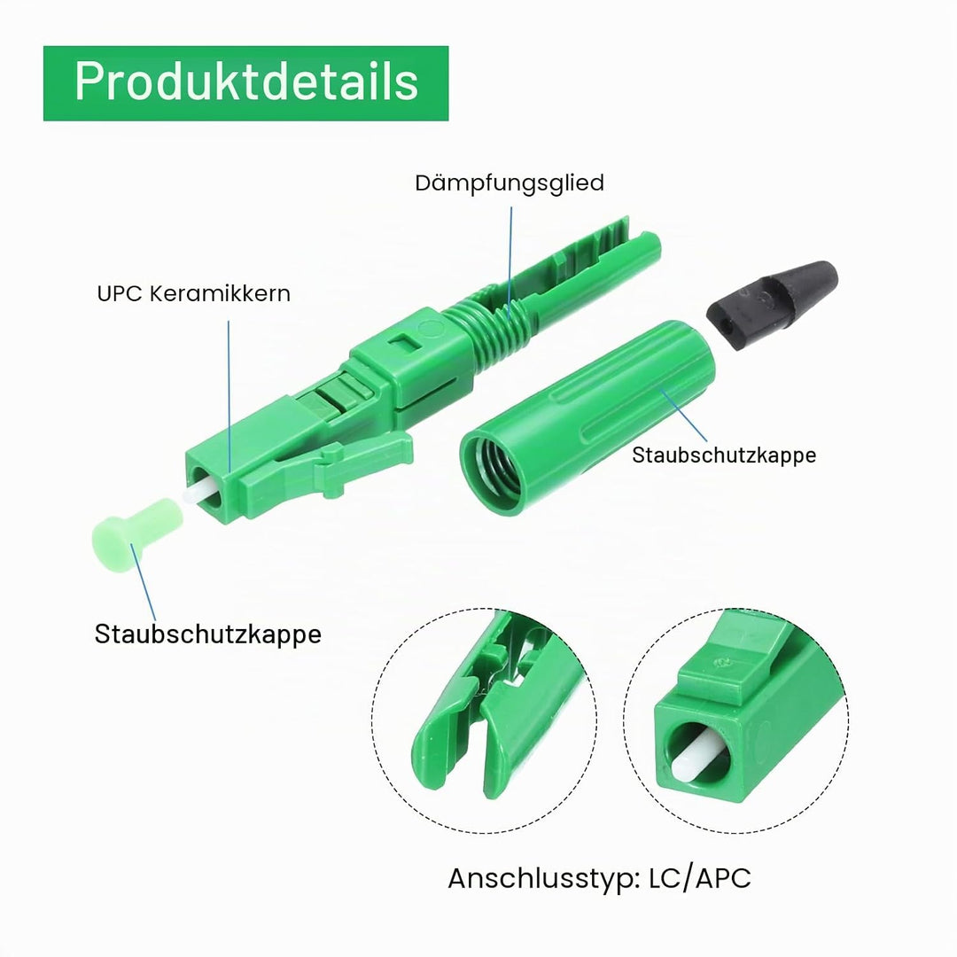 QUARKZMAN Glasfaser-Schnellverbinder-Adapter, LC/APC Glasfaser-Montage-Anschluss Singlemode Schnelle