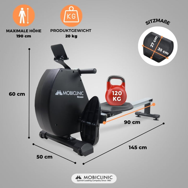 Mobiclinic® Fitness, Rudergerät, Rowfit, 8 widerstandsstufen, Geräuschlos, Magnetischer Widerstand,