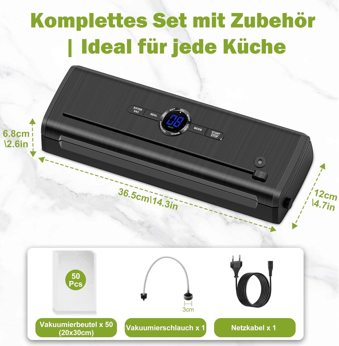 Vakuumiergerät, 7 in 1 Vakuumierer für Lebensmittel mit 50 Vakuumierbeutel, Trocken-/Feuchtmodus Fol