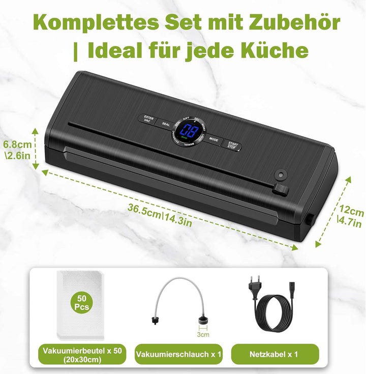Vakuumiergerät, 7 in 1 Vakuumierer für Lebensmittel mit 50 Vakuumierbeutel, Trocken-/Feuchtmodus Fol