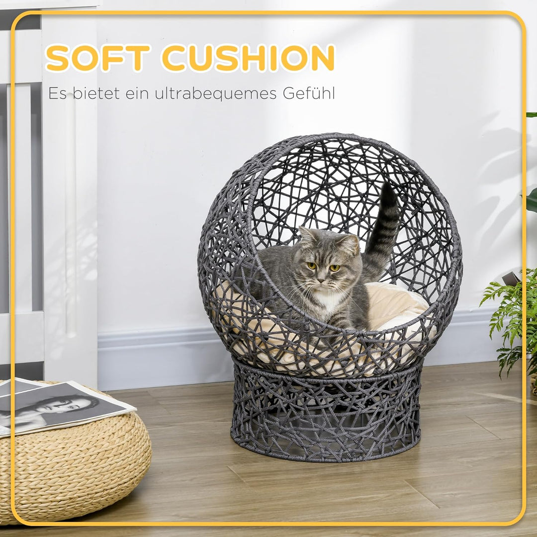 PawHut Katzenkorb, Katzenhöhle mit Kissen, Katzenhütte aus Polyester-Seil, Katzenbett mit Zylindrisc