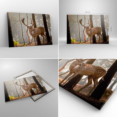 ARTTOR Bilder auf Leinwand 100x70cm Leinwandbild Kitz Hirsch Tier wild Gross Wanddeko Bild Schlafzim