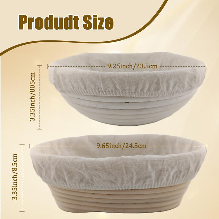 Brotgärkorb-Set, runder und ovaler Sauerteig-Gärkorb, 100 % natürliches Rattan, Brotlame, Teigbesen,