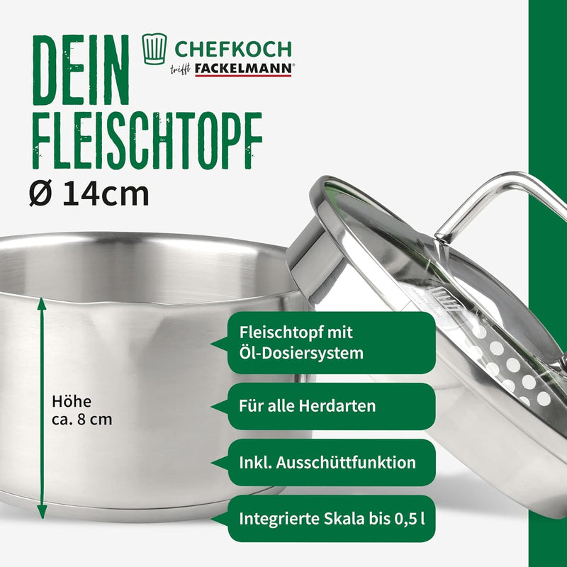FACKELMANN Chefkoch Topf Ø14 cm München aus Edelstahl – Hochwertiger Kochtopf Ausschüttfunktion – Fü