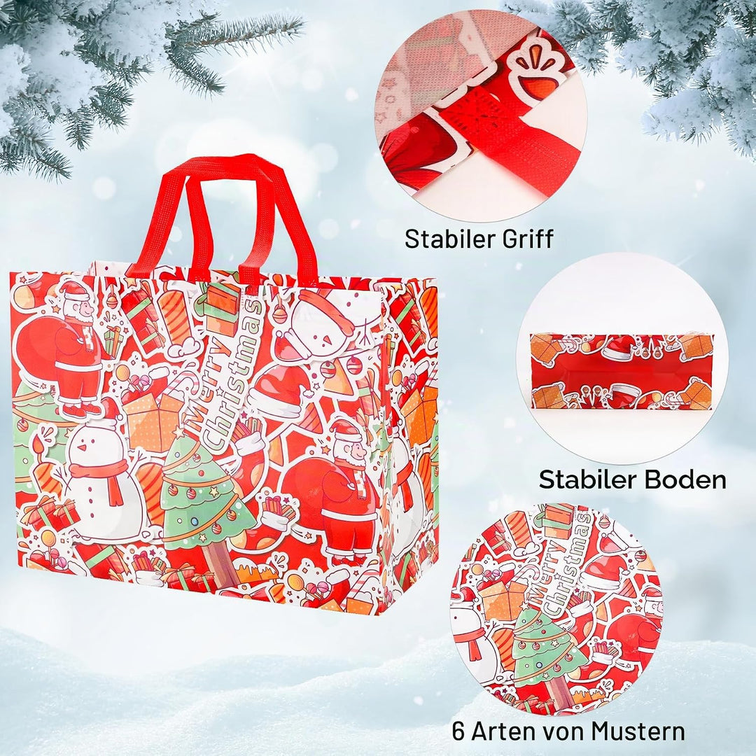 12 Stück Weihnachtstüten, Grosse Geschenktüten Weihnachten mit Griff, Wiederverwendbare Weihnachtsge