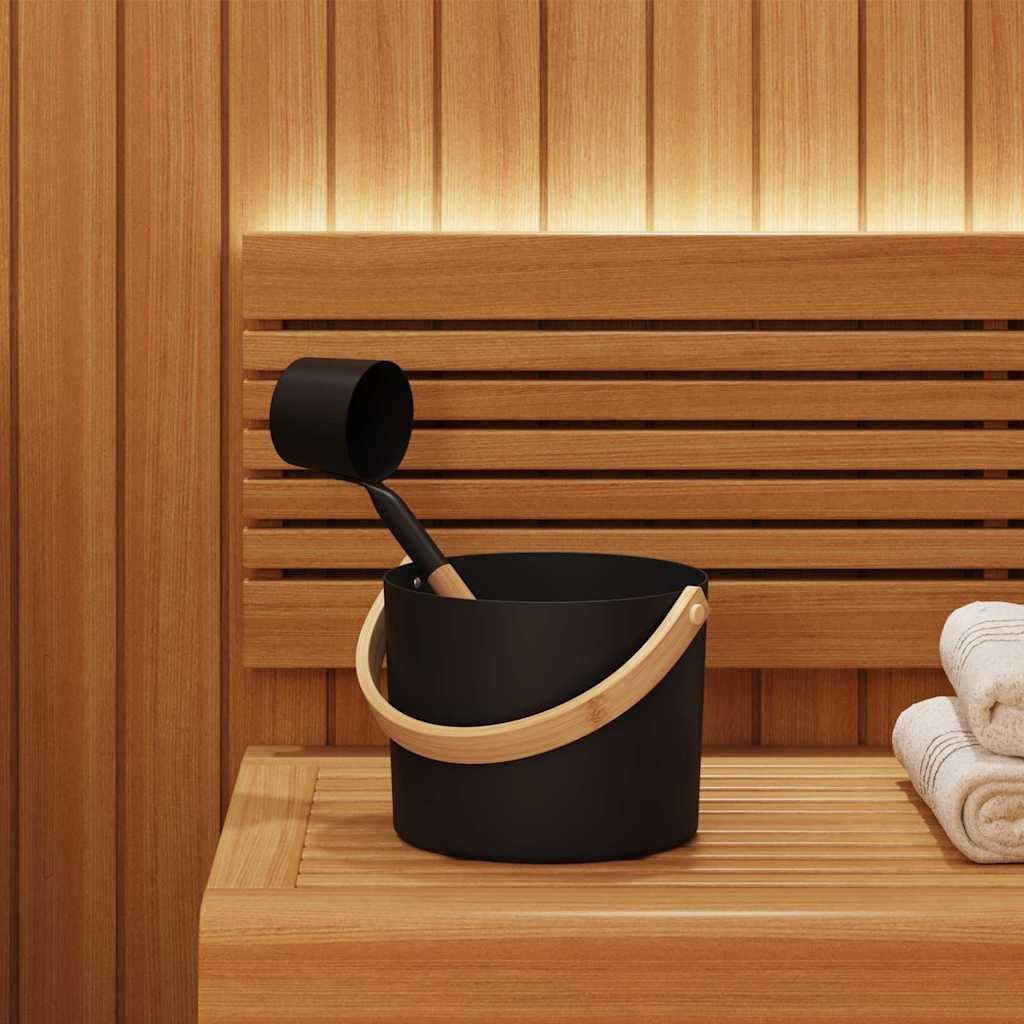 Sauna Zubehör Set 2-teilig Schwarz aus Aluminium und Kiefernholz mit 7L Eimer und Schöpflöffel für I