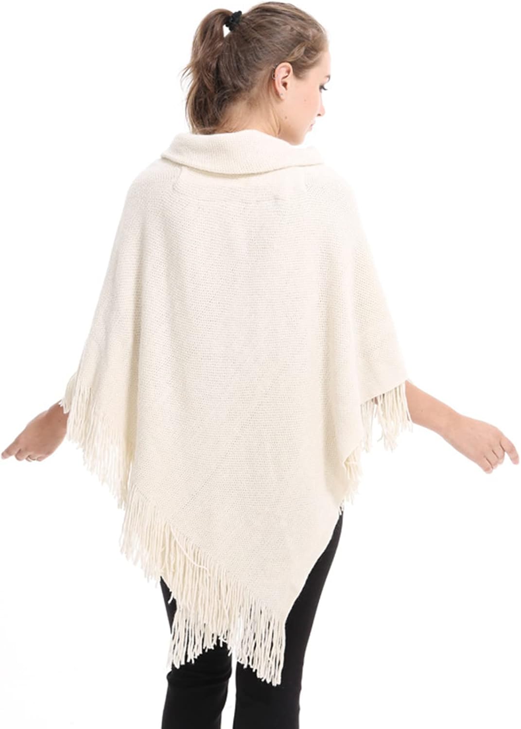 SUZALA Poncho Schal Wrap, Damen Elegant Strickschal Poncho mit Fransen Schnalle-hellbeige, Schnalle-