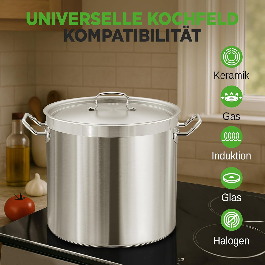 NutriChef Edelstahl Kochtopf 33,1L Induktion – Suppentopf mit Deckel, Profiqualität für Gastronomie