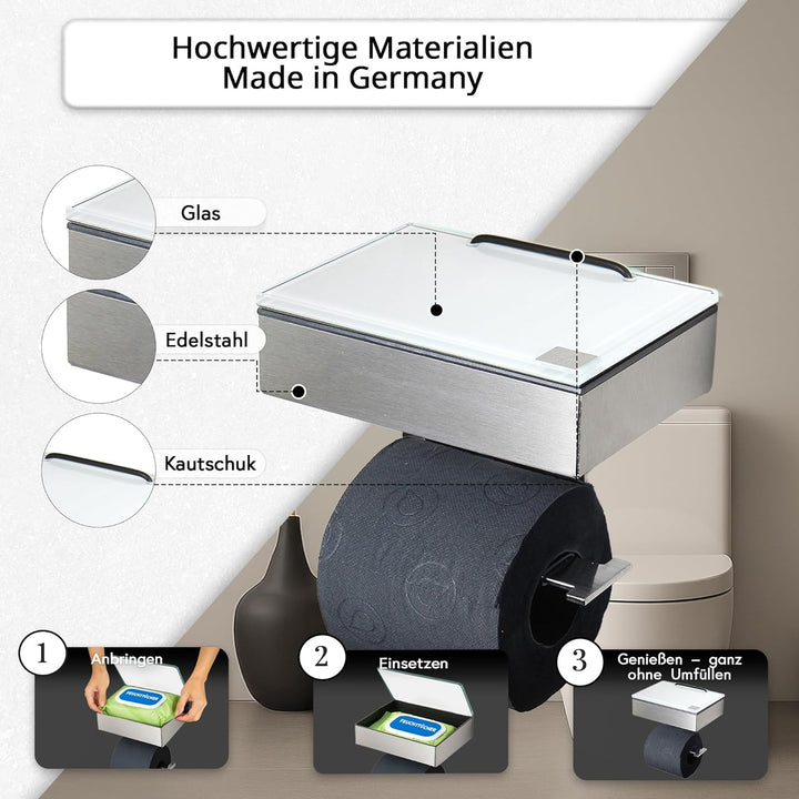 Toilettenpapierhalter mit Feuchttücherbox - Gehäuse Matt & Abdeckung Glas Weiss - befüllbar von Rech