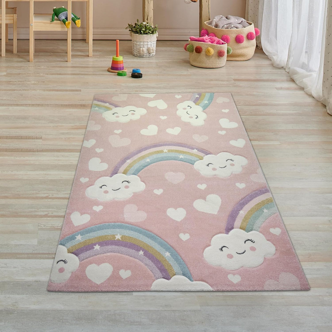 Teppich-Traum Kinderteppich Kinderzimmerteppich Regenbogen mit Wolken und Herzen in rosa Grösse 80x1