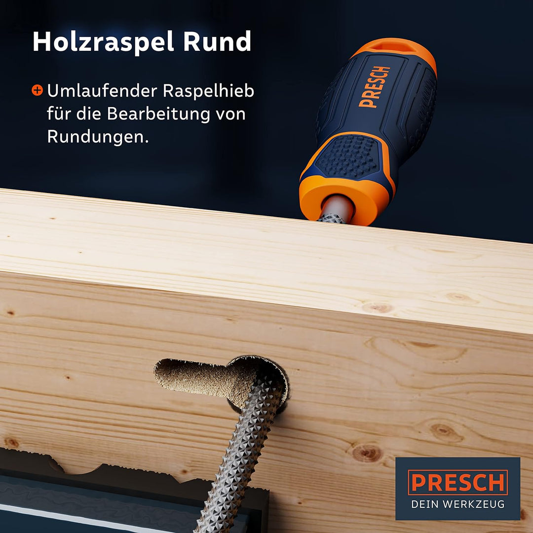 PRESCH Holzraspel Set 3tlg. - Hochwertiges Holzfeilen Set inkl. Flachstumpfraspel, Halbrund- und Run