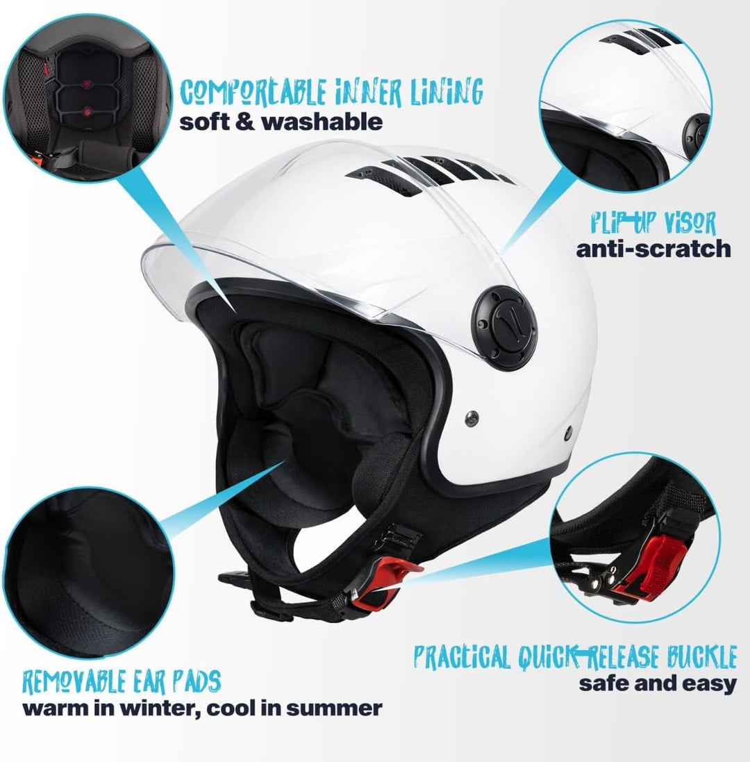 VINZ Como Jethelm mit Visier ECE 22.06 Zertifiziert | Roller Helm Mopedhelm Für Motoroller & Vespa |