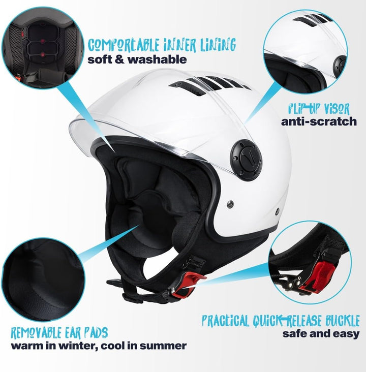 VINZ Como Jethelm mit Visier ECE 22.06 Zertifiziert | Roller Helm Mopedhelm Ideal Für Motoroller & V