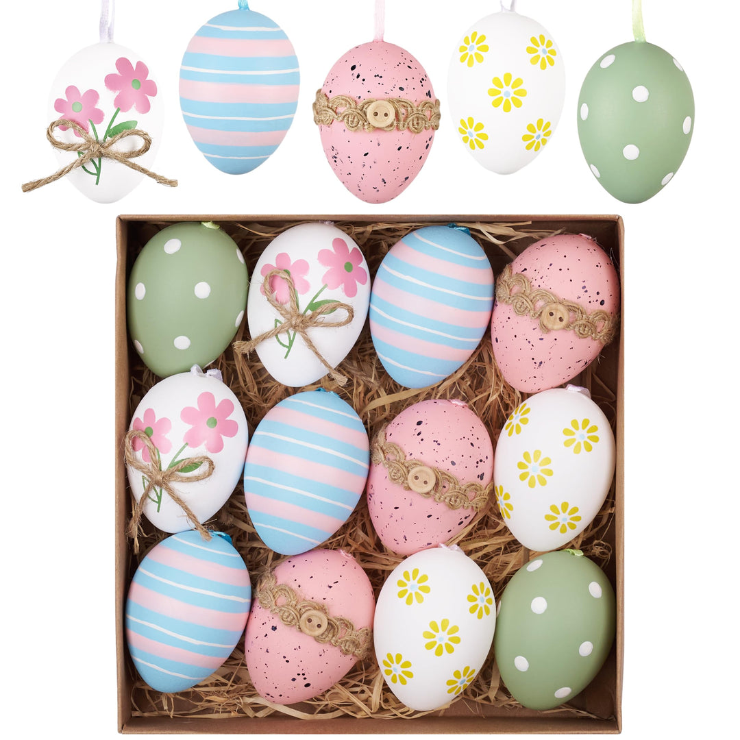 Valery Madelyn 12er Ostereier zum Aufhängen für Osterdeko,6cm Bunte Plastikeier für Ostern Deko,Rosa