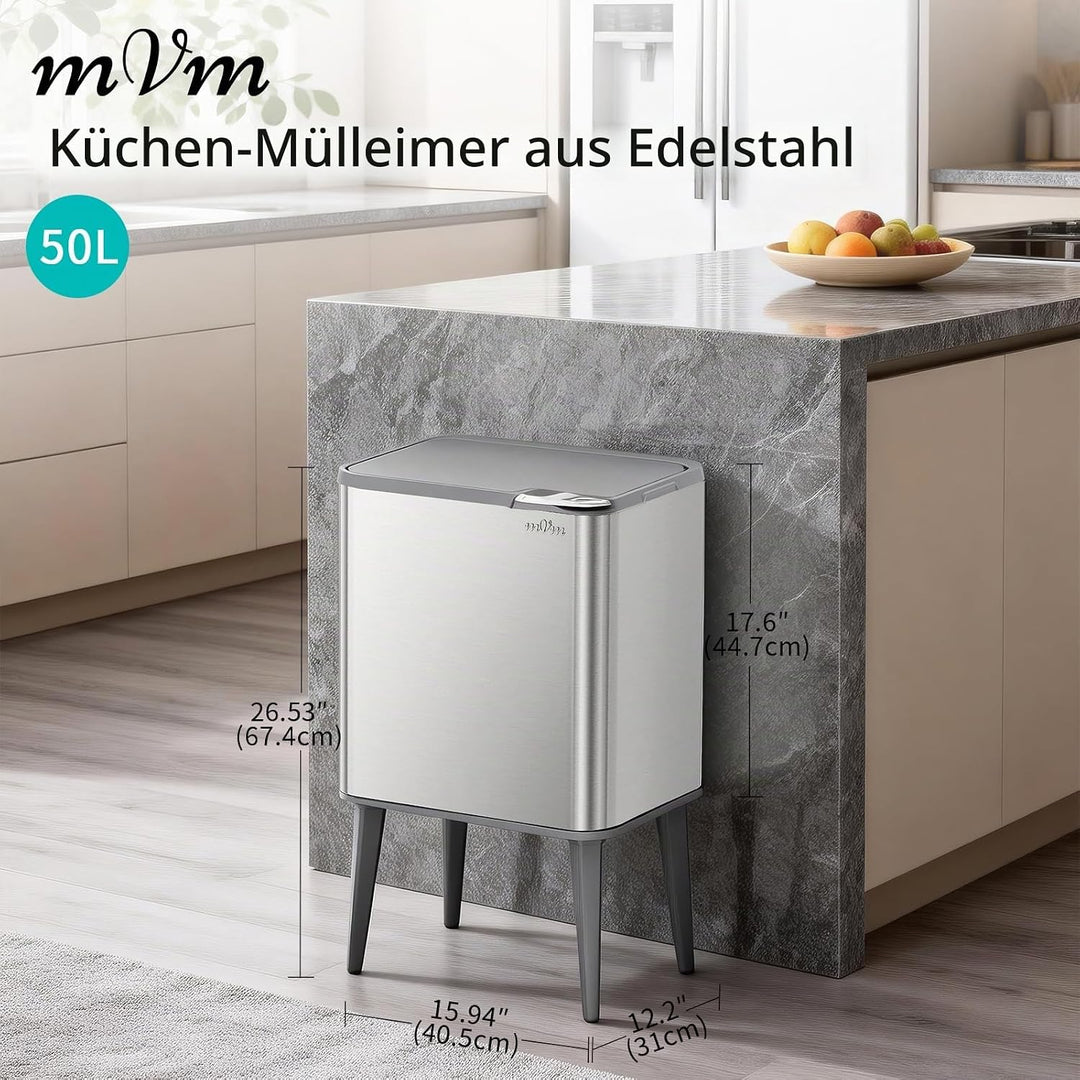 mVm Küchen &amp; Büromülleimer 50L, Edelstahl, Rechteckig, Mit Deckel &amp; Geruchsfilter, Sanftschliessend