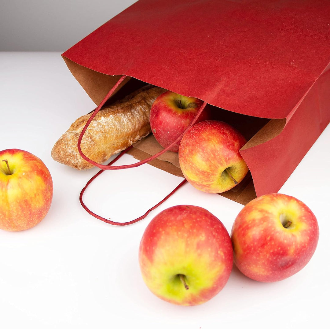 Extiff 50 rote Einkaufstaschen, aus Kraftpapier, mit Griffen, 26 x 14 x 32 cm, Einkaufstasche/Verpac