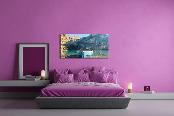 Traumhaftes Boot am See Panorama 100x50 cm als Leinwandbild, Motiv fertig gerahmt auf Echtholzrahmen