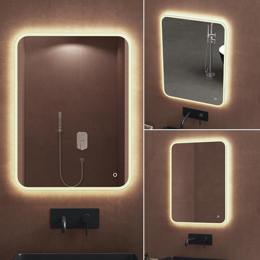 dopporo LED Badspiegel 90x70cm Badzimmerspiegel mit Beleuchtung Spiegel mit runden Ecken Wandspiegel
