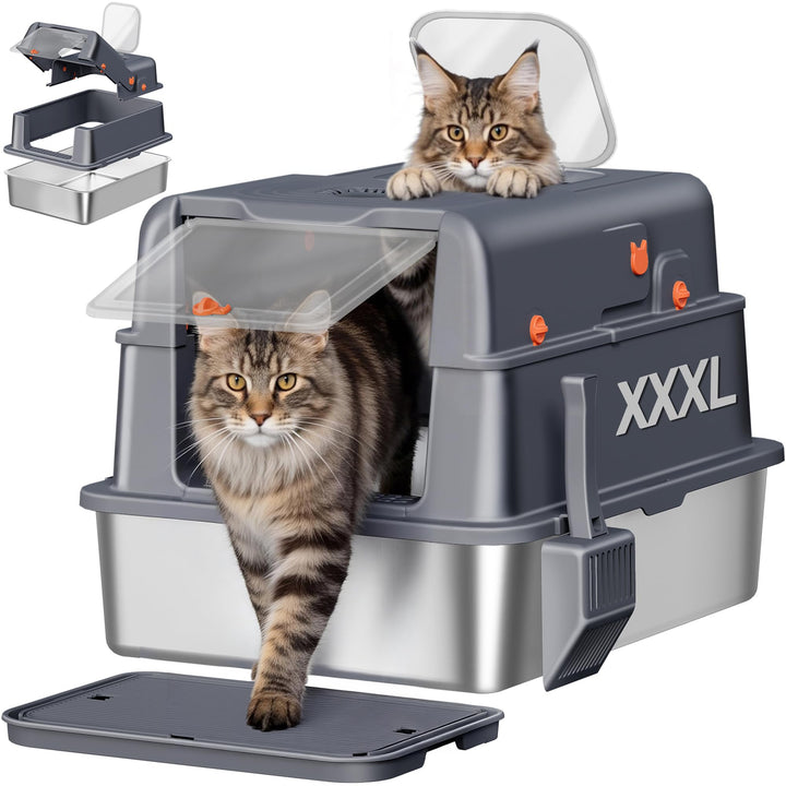 Edelstahl Katzenklo mit Deckel, XXXL Geschlossene Metall Katzentoilette, 70 x 50 x 42 cm, 105° Klapp