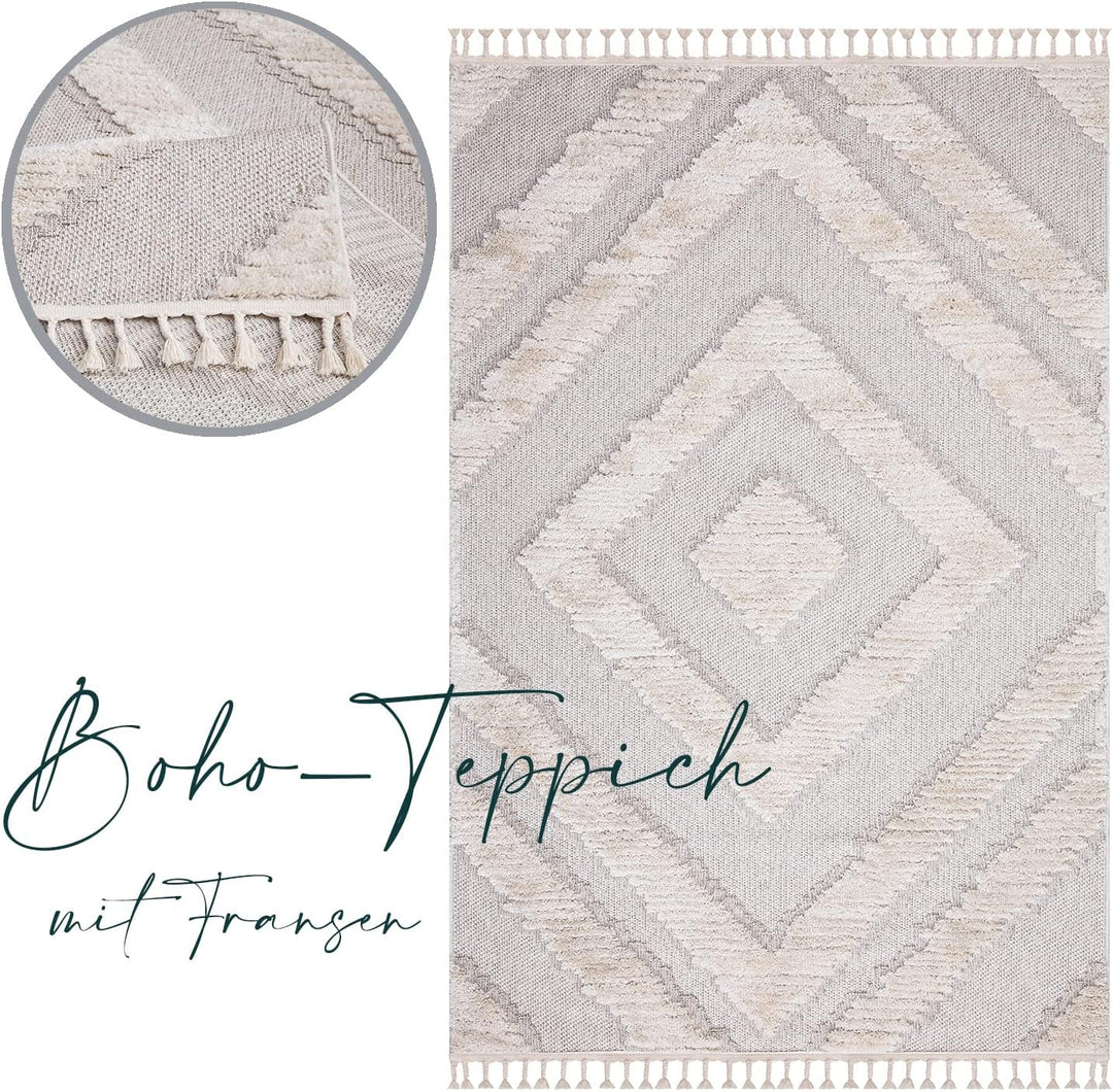 payé Teppich Wohnzimmer - 200x290cm - Creme - Raute - Hochtief Effekt - Fransen Deko Boho Flauschig