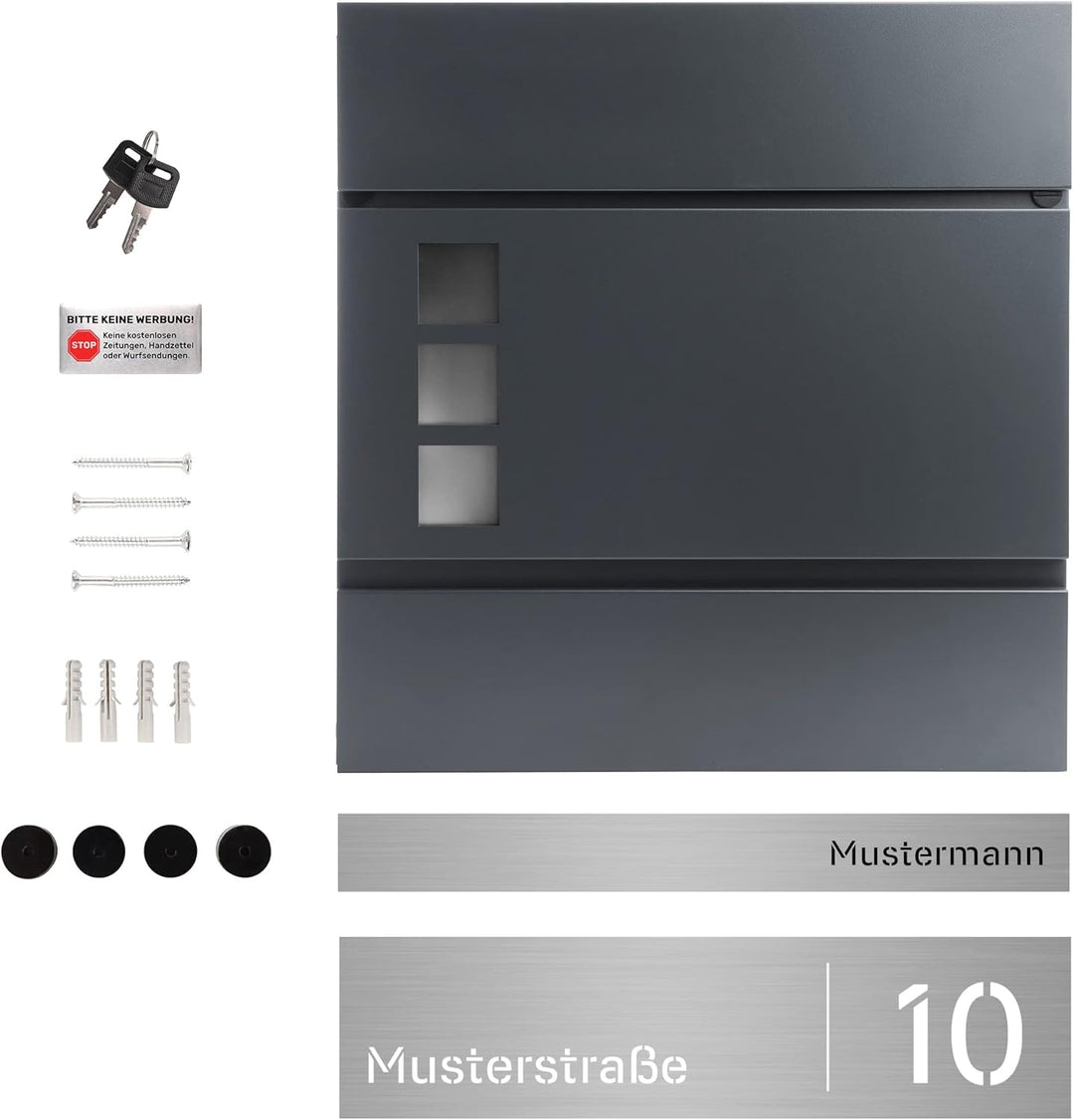 Forgard Briefkasten Anthrazit mit Zeitungsfach (RAL 7016), personalisiert, Postkasten Modern aus Zin