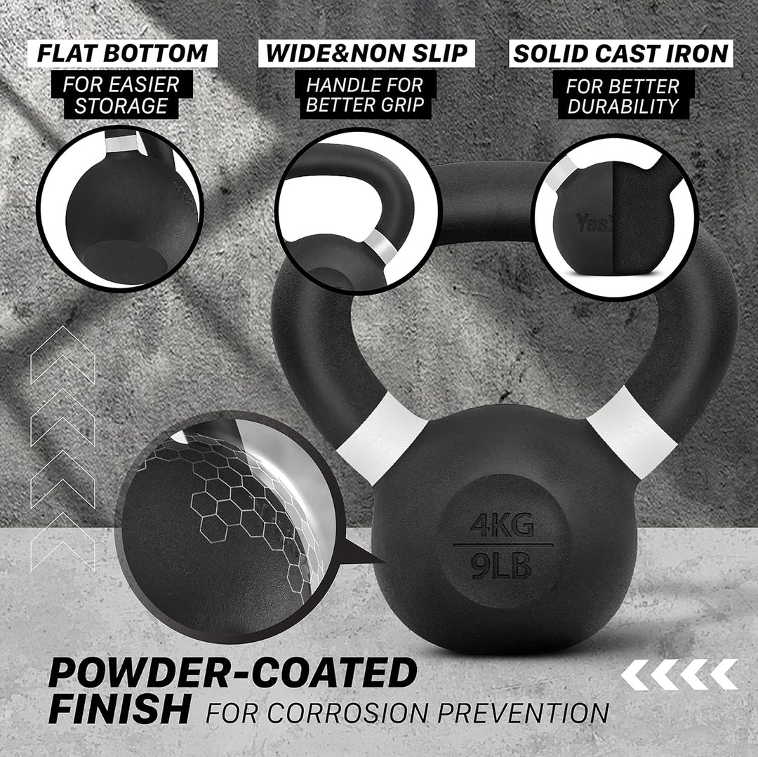 Yes4All 4-32kg Powdercoat Kettlebell aus Gusseisen, Schwunghantel, Kugelgewicht A. 4kg, A. 4kg
