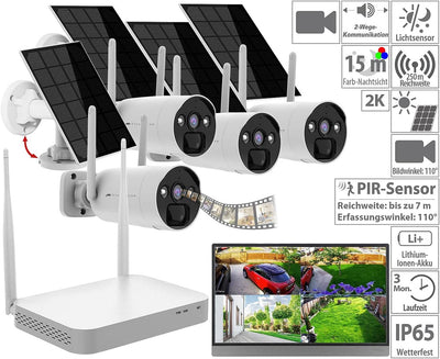 VisorTech Videoüberwachung: 2K-Festplatten-Überwachungsrekorder + 4 Solar-Akku-Kameras, HDMI, App (S