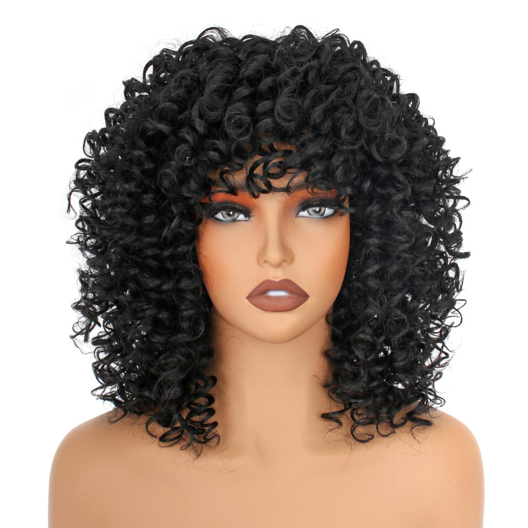 PORSMEER Lockige Afro Perücke Damen Volle flauschig Haar Kinky Curly Bob Black Wig volume mit Pony f