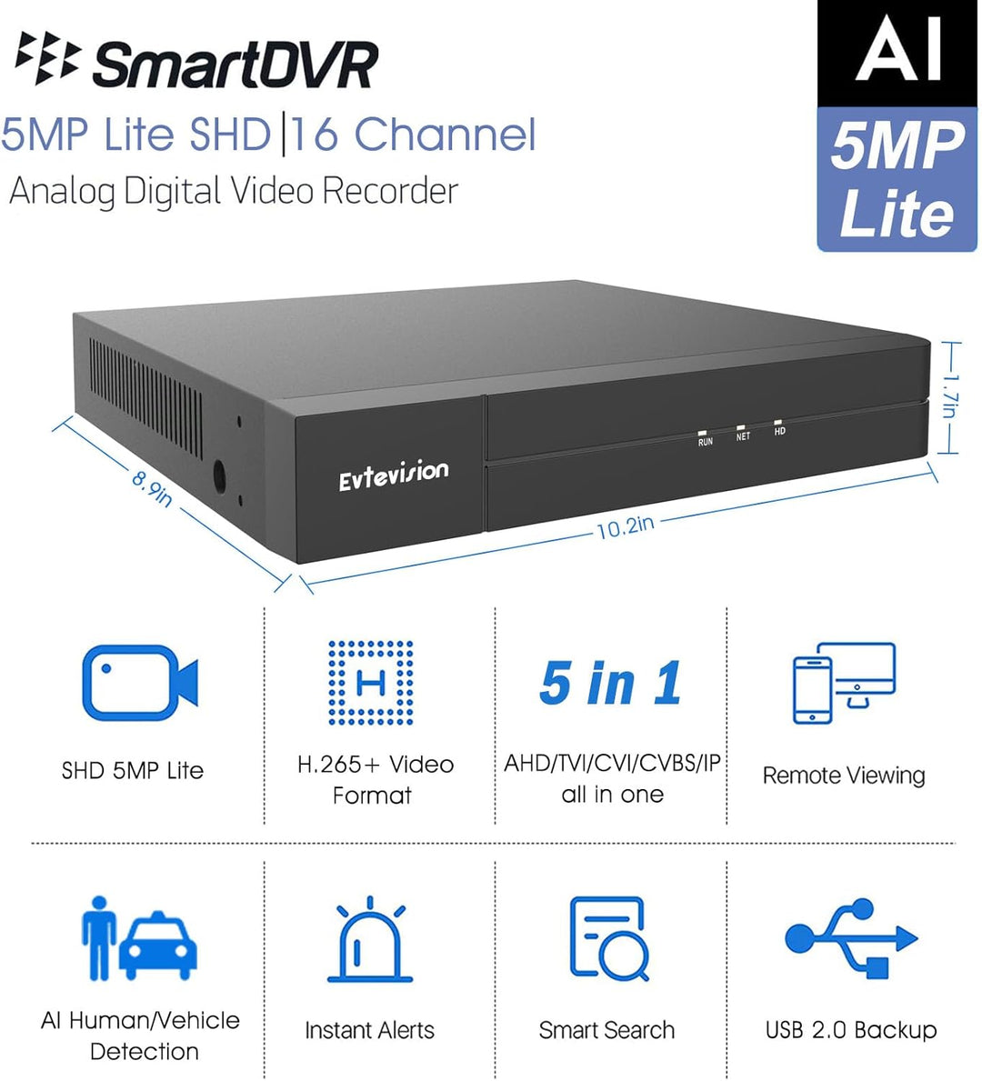Evtevision 16 Kanal 5MP Lite 5-in-1 H.265 DVR,Video Recorder für CCTV TVI/AHD/CVI/CVBS/IPC Überwachu