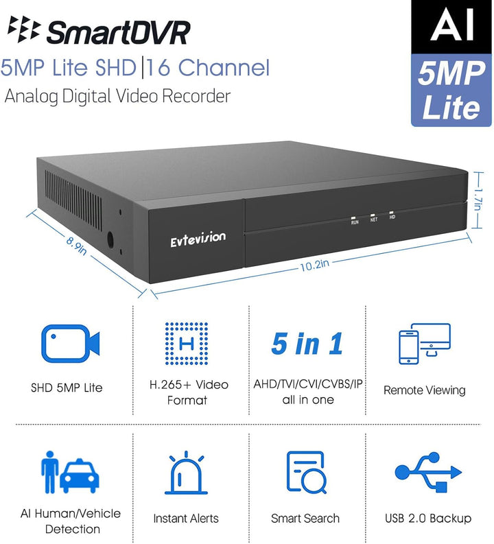 Evtevision 16 Kanal 5MP Lite 5-in-1 H.265 DVR,Video Recorder für CCTV TVI/AHD/CVI/CVBS/IPC Überwachu