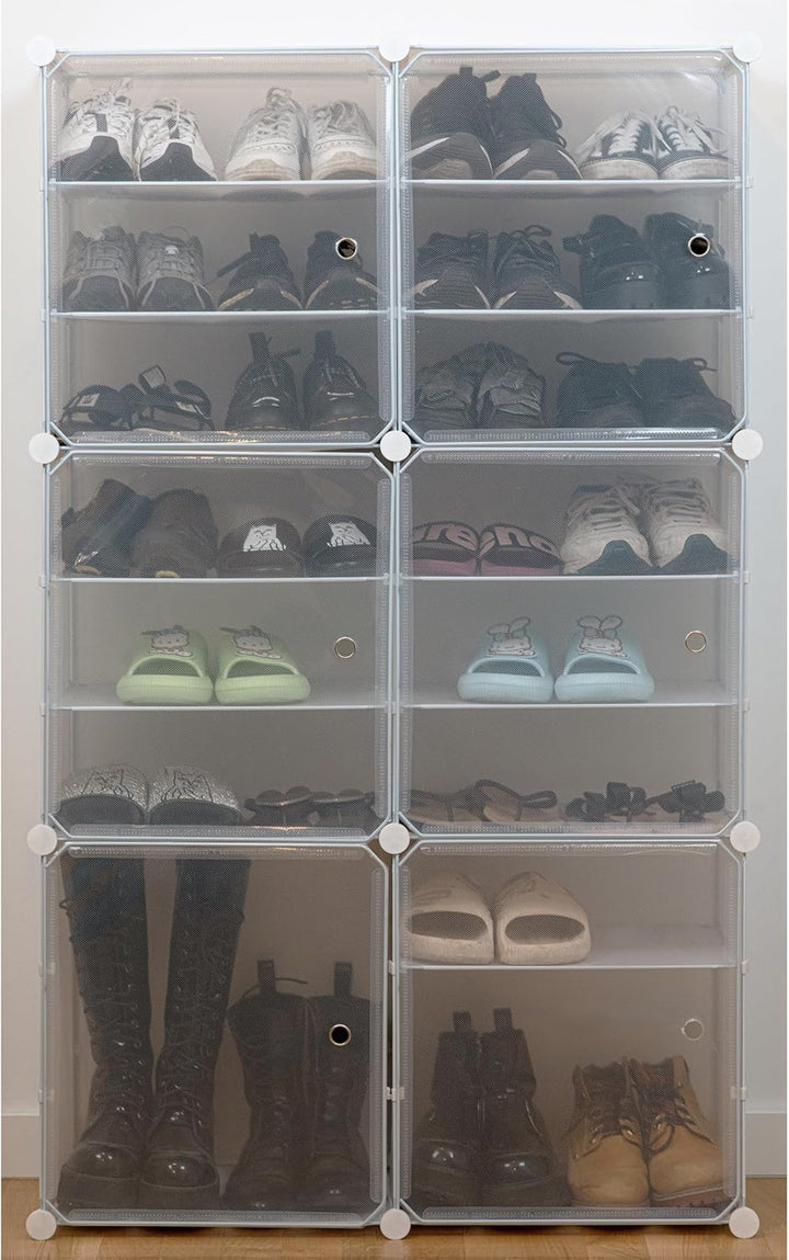 Schuhaufbewahrung, Stapelbar Schuhboxen mit 6 Fächern, Aufbewahrungsbox mit Tür, Kunststoff Stiefelb