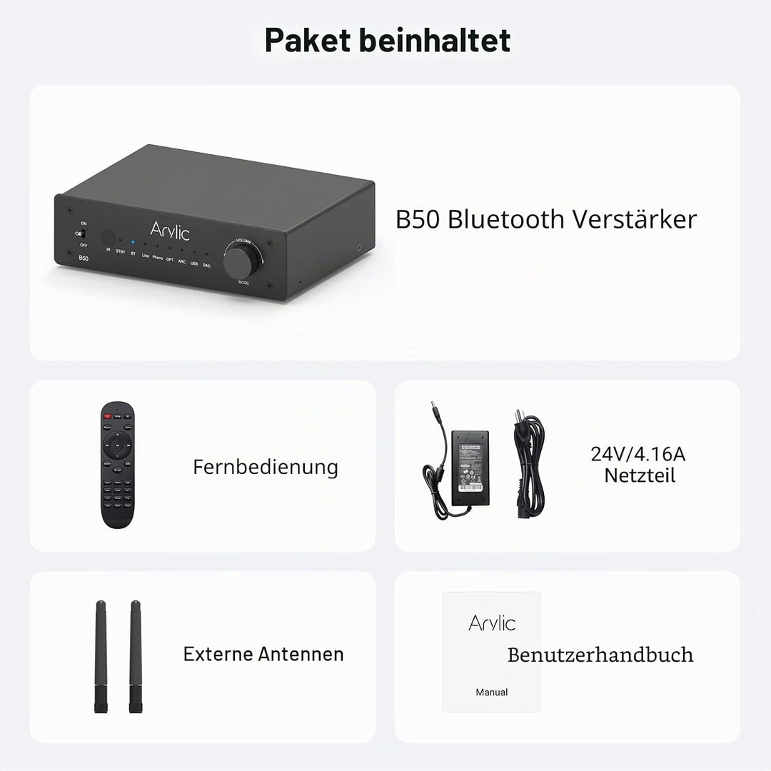 Arylic B50 Verstärker mit Bluetooth, Stereo Amplifier, 2 Kanal 50W*2 Home Audio AMP, mit HDMI, ARC,