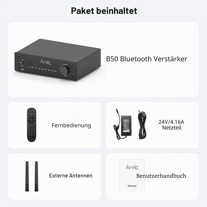 Arylic B50 Verstärker mit Bluetooth, Stereo Amplifier, 2 Kanal 50W*2 Home Audio AMP, mit HDMI, ARC,