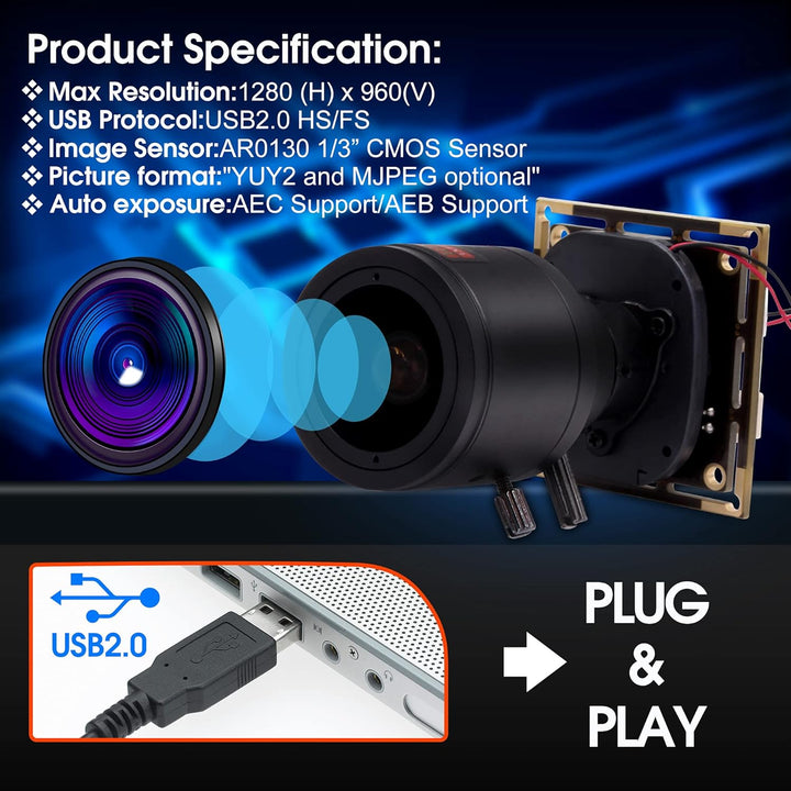 G 2.8-12mm USB Kameramodul 1.3mp 0.01lux Webcam modul HD geringe Beleuchtung Webkamera,960P 3.6mm Ob