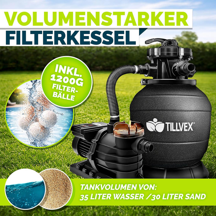 tillvex® Sandfilteranlage Pool mit Timer 13.200L/h + 1200g Filterbälle Schwarz Mit Timer, Schwarz Mi