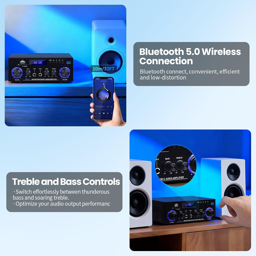 AK50 HiFi-Verstärker mit Bluetooth RMS 60WX2 Stereo Audio Verstärker Empfänger 2.0 Kanal Max 400W Au