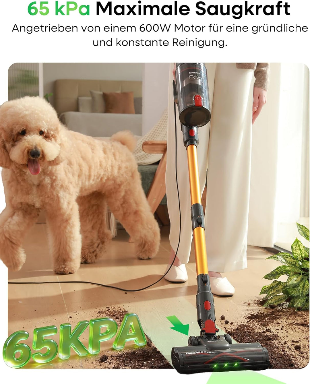 FAMIVAC Staubsauger mit Kabel, 65KPa &amp; 600W Konstante Saugkraft, Staubsauger Beutellos mit Matratzen