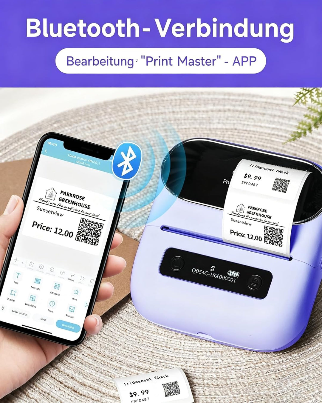Phomemo M220 Etikettendrucker, Bluetooth Thermo Etikettendrucker für Barcode, Adresse, Haus, Versand