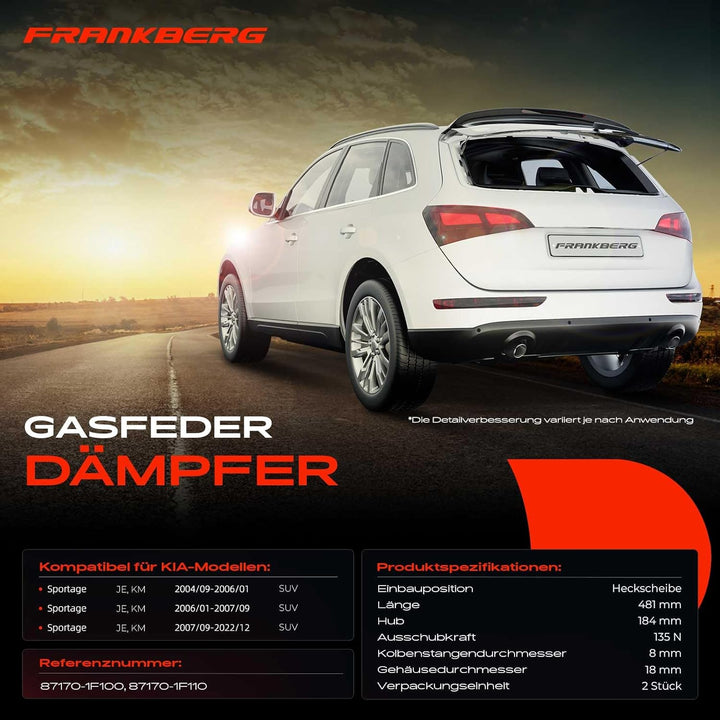 Frankberg 2x Gasfeder Dämpfer Heckscheibe Heckglas Kompatibel mit Sportage JE KM 2.0L 2.7L SUV 2004-