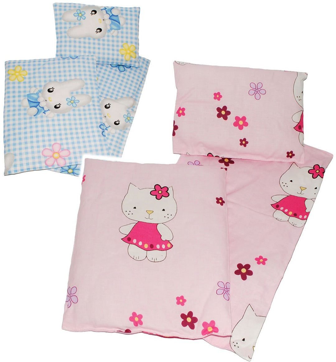 6 TLG. Set 2 Stück Puppendecken & 2 Kissen - mit 2 Unterlagen - aus 100% Baumwolle - Stoff - Bettwäs
